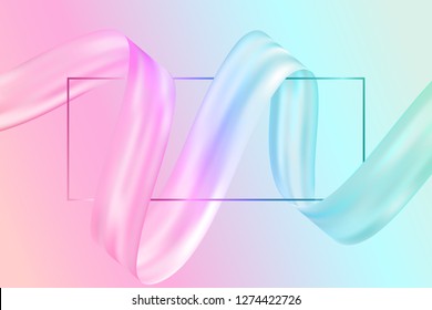 Silk satin ribbon and frame background vector illustration. Luxury chic card template design. Rose pink blue ribbon flowing around empty frame border for text. Rich cosmetics vector background.