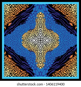 Silk scarf with abstract animal print. Expressive pattern with zebra stripes, leopard spots and girrafe skin. Blue, yellow, black.