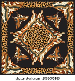 Silk scarf with abstract butterfly and leopard pattern background. Vintage textile collection