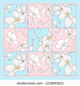 Silk scarf with apple blossom. Abstract seamless vector pattern with hand drawn floral elements.