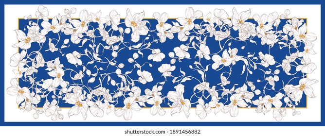 Silk scarf with apple blossom. Abstract seamless vector pattern with hand drawn floral elements. Trend colorful silk scarf with flowers. Size 180x70. Yellow, blue and white