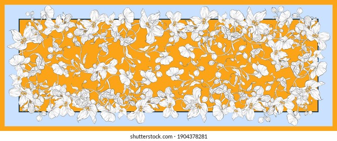 Silk scarf with apple blossom. Abstract seamless vector pattern with hand drawn floral elements. Trend colorful silk scarf with flowers. Size 180x70. Yellow, light blue and white