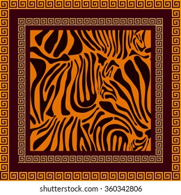 Silk scarf with Art deco style tiger print and meander frame. Vintage textile collection.