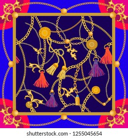 Silk scarf with baroque motifs. Colorful curtain brushes and golden chains on contrast background. Women's fashon collection. Golden, blue, red.