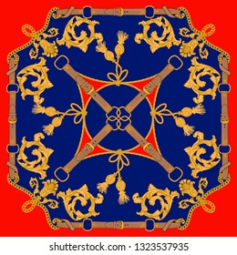 Silk scarf with baroque motifs. Curtain brushes and golden chains on contrast background. Women's fashon collection. Golden, blue, red.