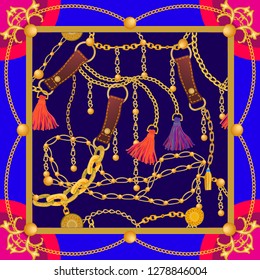 Silk scarf with baroque motifs. Fashion accessories and golden chains on contrast background. Women's fashon collection. Golden, blue, red.