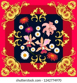 Silk scarf with baroque motifs. Golden frame and floral composition. Women's fashon collection. Golden, black, red.