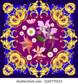Silk scarf with baroque motifs. Golden frame and floral composition. Women's fashon collection. Golden, blue, purple.