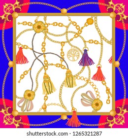 Silk scarf with baroque and oriental motifs. Curtain brushes, scrolls and golden chains on contrast background. Women's fashon collection. Golden, blue, red.