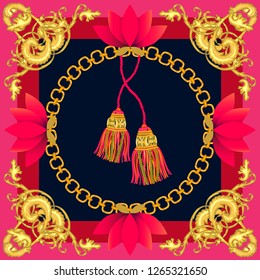 Silk scarf with baroque and oriental motifs. Curtain brushes, scrolls and golden chains on contrast background. Women's fashon collection. Golden, black, red.