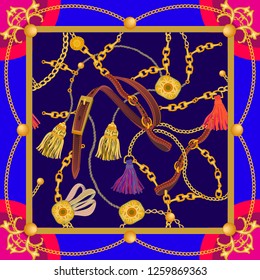 Silk scarf with baroque style motifs. Curtain brushes, leather belts and golden chains on contrast background. Women's fashon collection. Golden, blue, red.