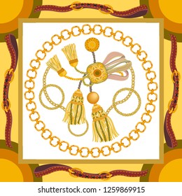 Silk scarf with baroque style motifs. Curtain brushes, leather straps and golden chains on contrast background. Women's fashon collection. Golden, white.