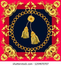 Silk scarf with baroque style motifs. Curtain brushes, scrolls and golden chains on contrast background. Women's fashon collection. Golden, black, red.