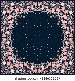 Silk scarf with beautiful pink flowers. Elegant bandana print. Vector illustration.