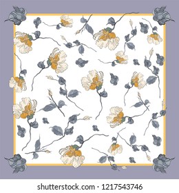 Silk scarf with blooming eustonma. Abstract seamless vector pattern with hand drawn floral elements.