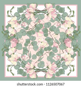 Silk scarf with blooming sweet peas and green eucalyptus dollar lea. Abstract seamless vector pattern with hand drawn floral elements.