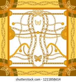 Silk scarf with chains and golden butterflies. Squared pattern with jewelry elements. Women's fashon collection. White, yellow.