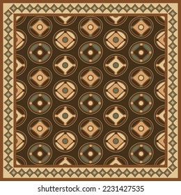 Silk scarf with decorative ornament pattern on brown color. Vintage scarves motifs