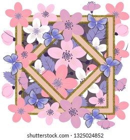 Silk scarf with delicate pink flowers and butterflies. Flowers behind a beautiful gold frame.