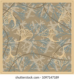 Silk scarf design with abstract branch and lines