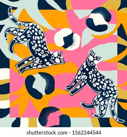 Silk scarf design. Creative contemporary collage with leopards. Fashionable template for design.