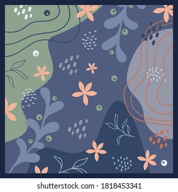 Diseño de bufanda de seda. Collage contemporáneo creativo con flores en azul marino. Diseño para el patrón de tejido