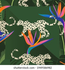 Silk scarf design. Creative contemporary collage with leopards and flowers. Fashionable template for design.