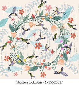 Silk scarf design with flower and bird