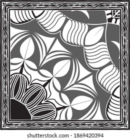 Diseño de la bufanda de seda con motivos florales sobre fondo blanco y gris