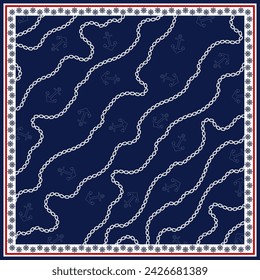 Silk scarf design with ship anchors, wheels and chains. Travel concept pattern.