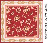 Silk scarf design with, rope, ship wheel, lighthouse, anchor, compass, marine elements. Nautical frame, travel concept pattern scarf pattern