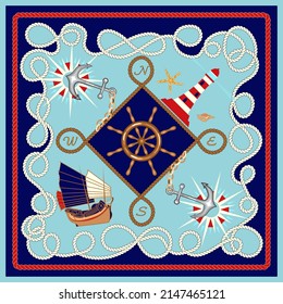 Silk scarf design with, rope, ship wheel, lighthouse, anchor, compass, marine elements. Nautical frame, travel concept pattern.