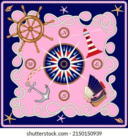  Silk scarf design with, rope, ship wheel, lighthouse, anchor, compass,  marine elements. Nautical frame, travel concept pattern.