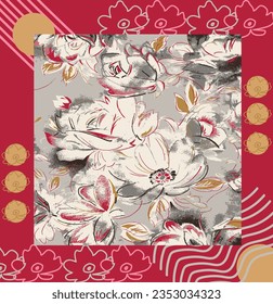Silk scarf design.Colorful abstract pattern on watercolor flower pattern