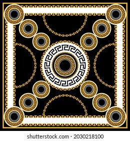 Silk scarf design.Golden chain on black.Vector Illustration.