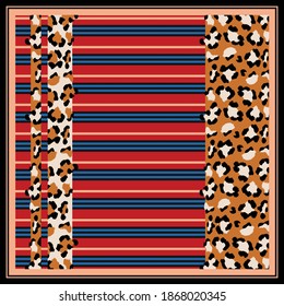 Silk scarf with diagonal lines and leopard skin pattern. Square scarves design