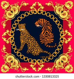 Silk scarf with ethnic motifs. Leopards, tigers and golden chains on contrast background. Women's fashon collection. Golden, black, red.