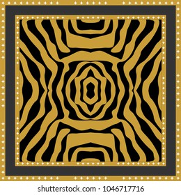 Silk scarf with expressive zebra print. Trendy animal pattern with Art Deco motifs.  Black, golden.