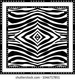 Silk scarf with expressive zebra print. Trendy animal pattern with Art Deco motifs.  Black, white.