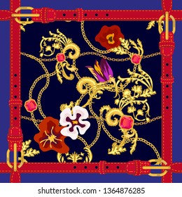 Silk scarf with fashion elements. Squared pattern with golden chains, leather belts and wildflowers. Women's fashon collection. Golden, black, red.