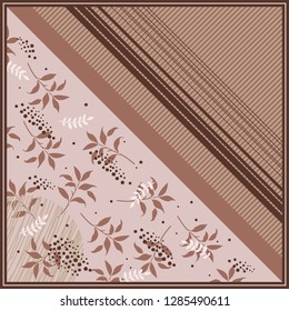 Silk scarf floral with diagonal lines and circle dots on brown. Hijab style