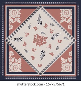 silk scarf with floral leaves pattern and border