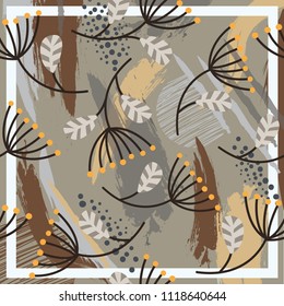 Silk scarf with flowers illustration and abstract brush