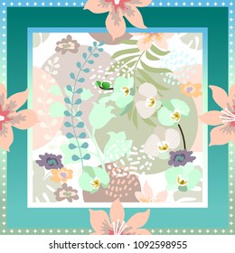 Silk scarf with framed floral composition. Blooming flowers and foliage. White, blue.