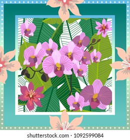 Silk scarf with framed floral composition. Blooming flowers and foliage. Purple, blue.