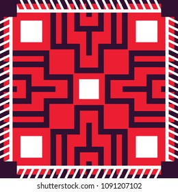 Silk scarf with geometric square shape and stripes on red background
