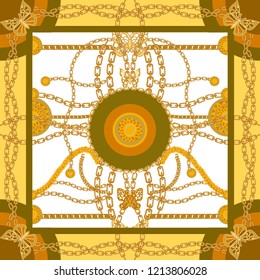Silk scarf with golden chains, circles and butterflies. Squared pattern with jewelry elements. Women's fashon collection. Yellow, white.
