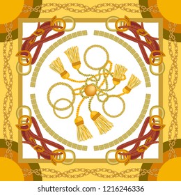 Silk scarf with golden chains and curtain brushes. Squared pattern with jewelry elements. Women's fashon collection. On white background.