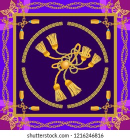 Silk scarf with golden chains and curtain brushes. Squared pattern with jewelry elements. Women's fashon collection. On violet background.