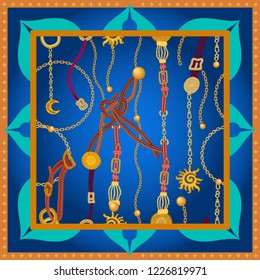 Silk scarf with golden chains, leather tie and curtain brushes. Squared pattern with jewelry elements. Women's fashon collection. On blue background.